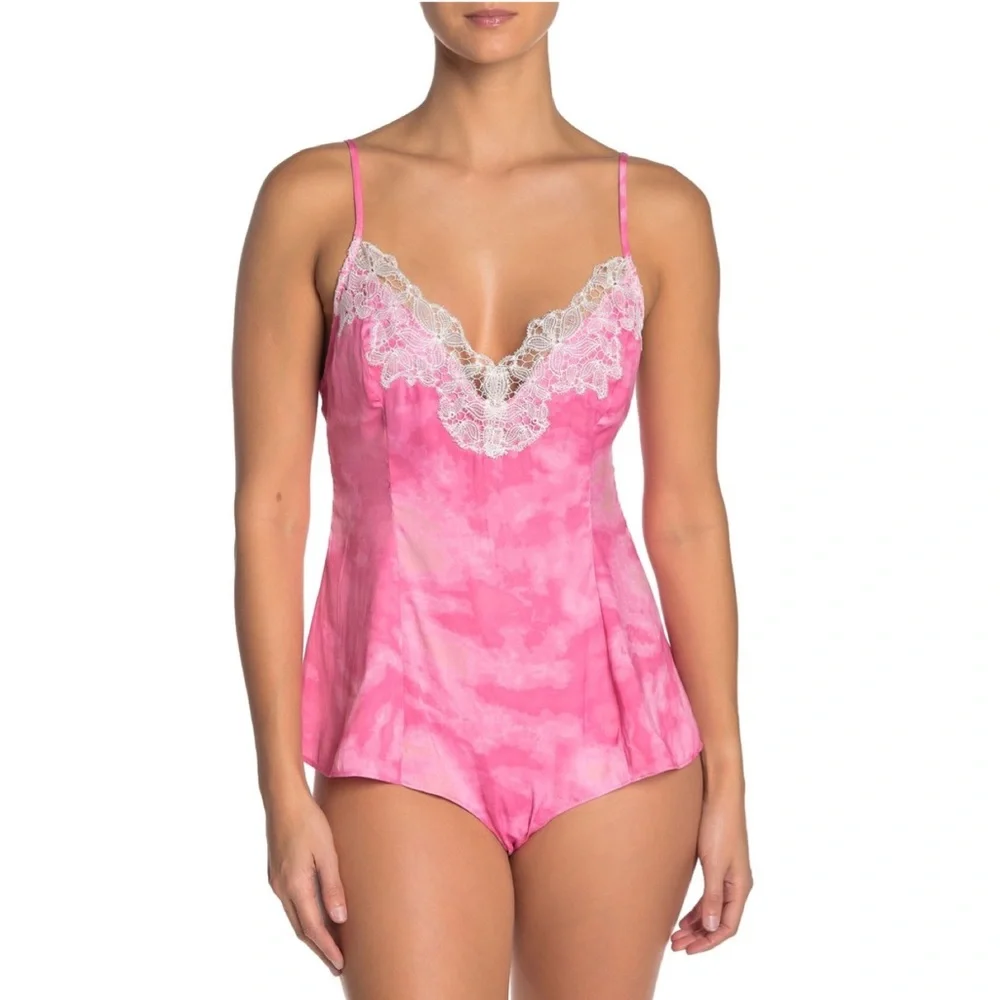 NWOT Free People “Luella” Lace Trim Satin Bodysuit